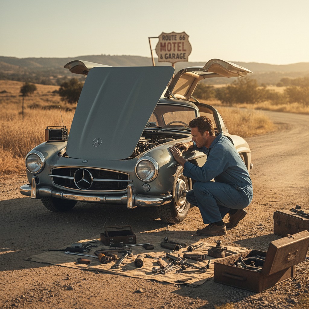 A mechanic in blue coveralls inspects the engine of a vintage Mercedes-Benz sports car parked on a dusty road near a Route 66 sign.