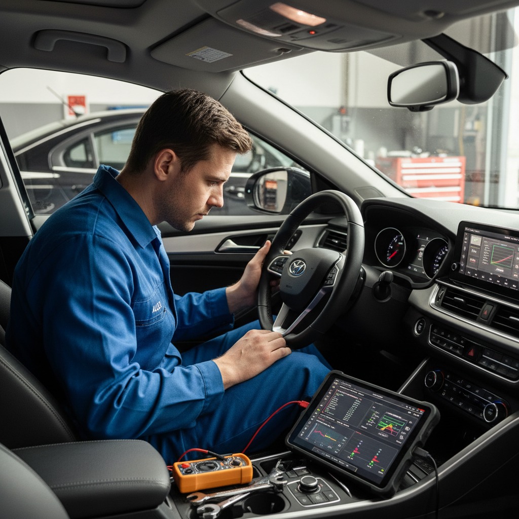 A mechanic in a blue uniform sits in the driver's seat of a car, using a tablet to diagnose the vehicle's electronic systems.