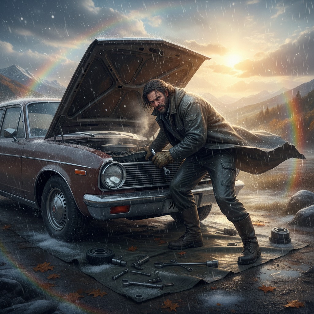 A man in a long coat repairs a broken-down car on a rainy roadside beneath a rainbow and sunset.